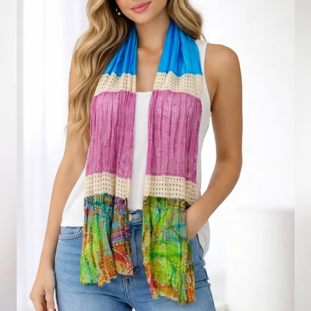 Boho Crochet Metallic Batik Cotton Summer Scarf Sash
